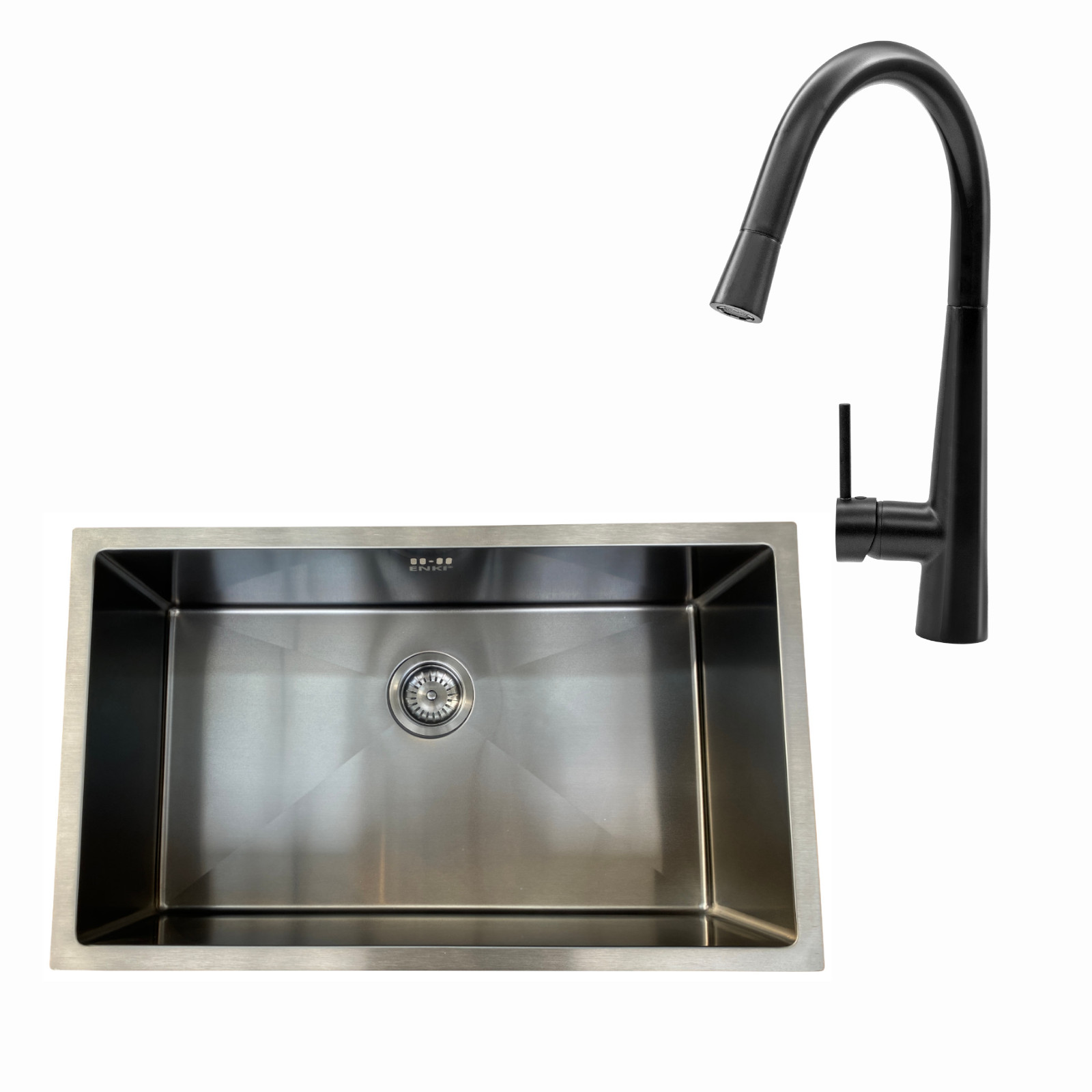ENKI, BST012, Gunmetal Stainless Steel Kitchen Sink and Solid Brass Matt Black Mixer Kitchen Tap with Pull Out Spray, Modern Kitchen Design, Kitchen Sink and Tap Set image